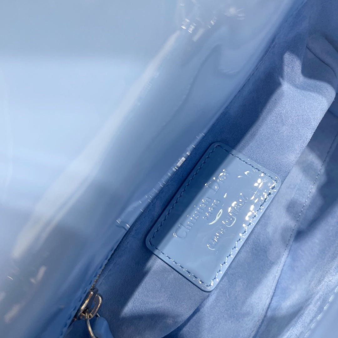 Dior Medium Lady D in Patent Cannage Calfskin Blue