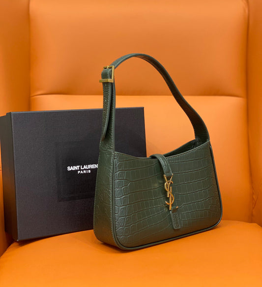YSL Le 5 à 7 Hobo Shoulder Bag in Crocdile-embossed Leather Green