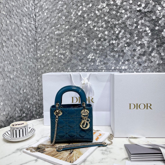 Dior Medium Lady D in Patent Cannage Calfskin Dark Green