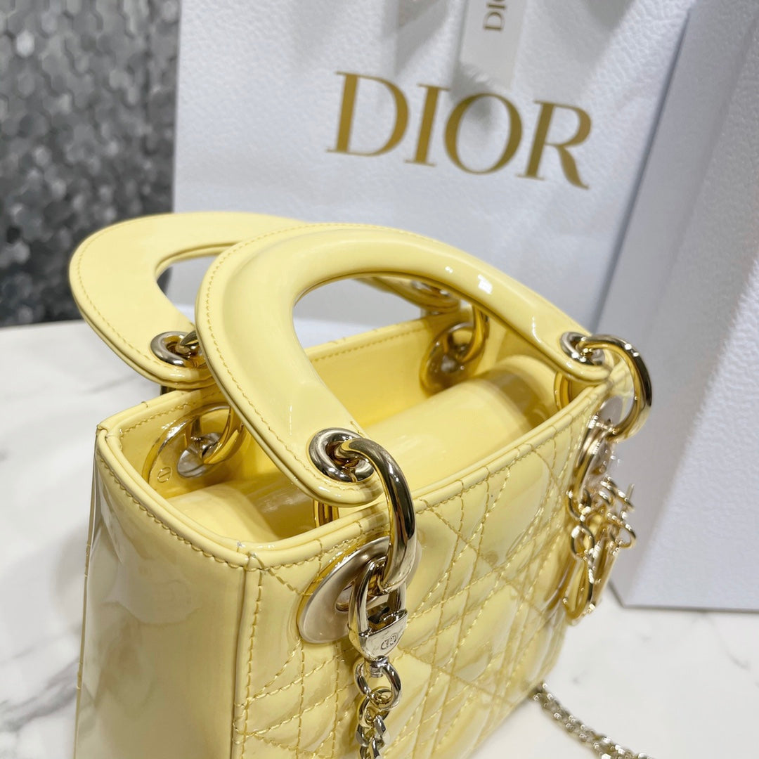 Dior Medium Lady D in Patent Cannage Calfskin Yellow