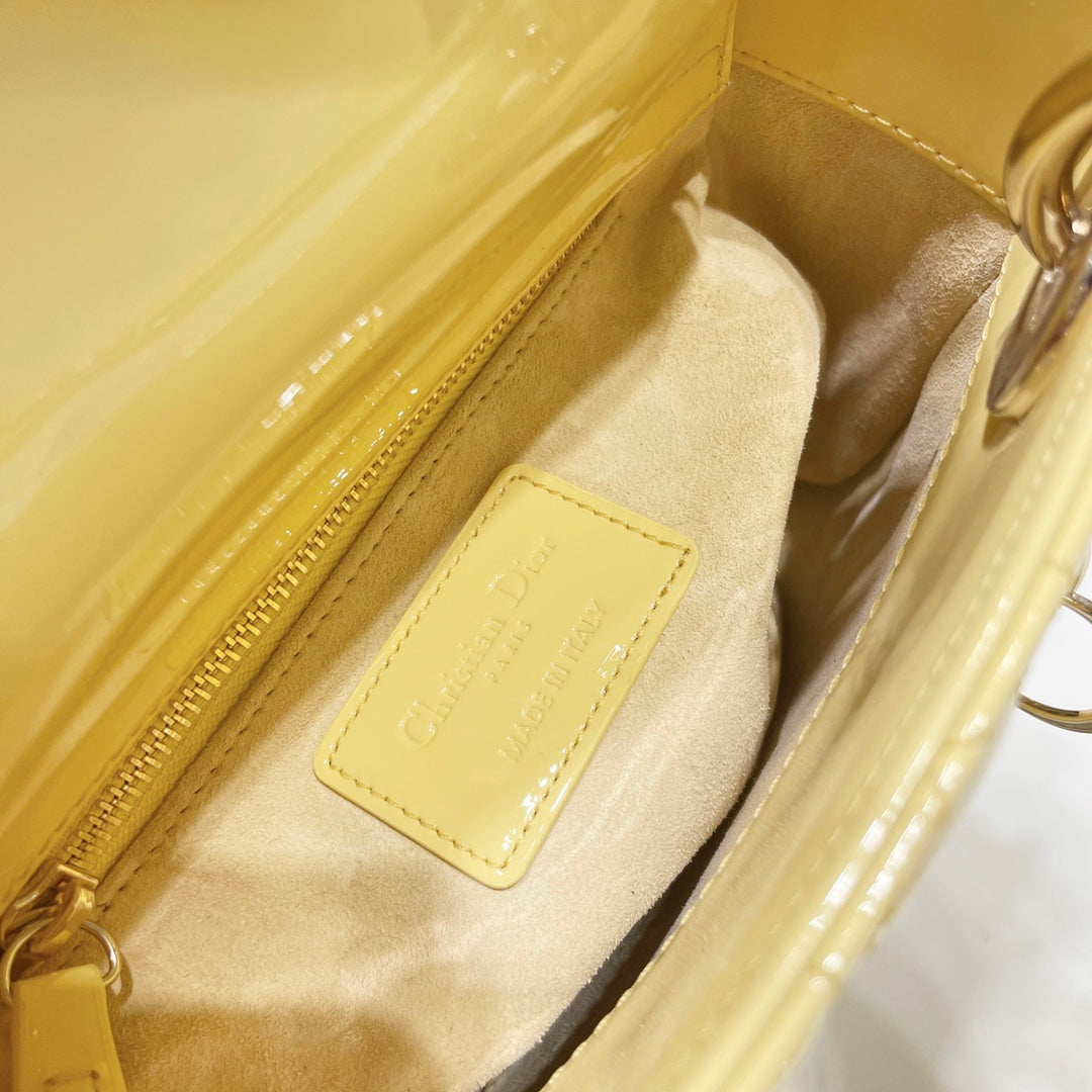 Dior Medium Lady D in Patent Cannage Calfskin Yellow