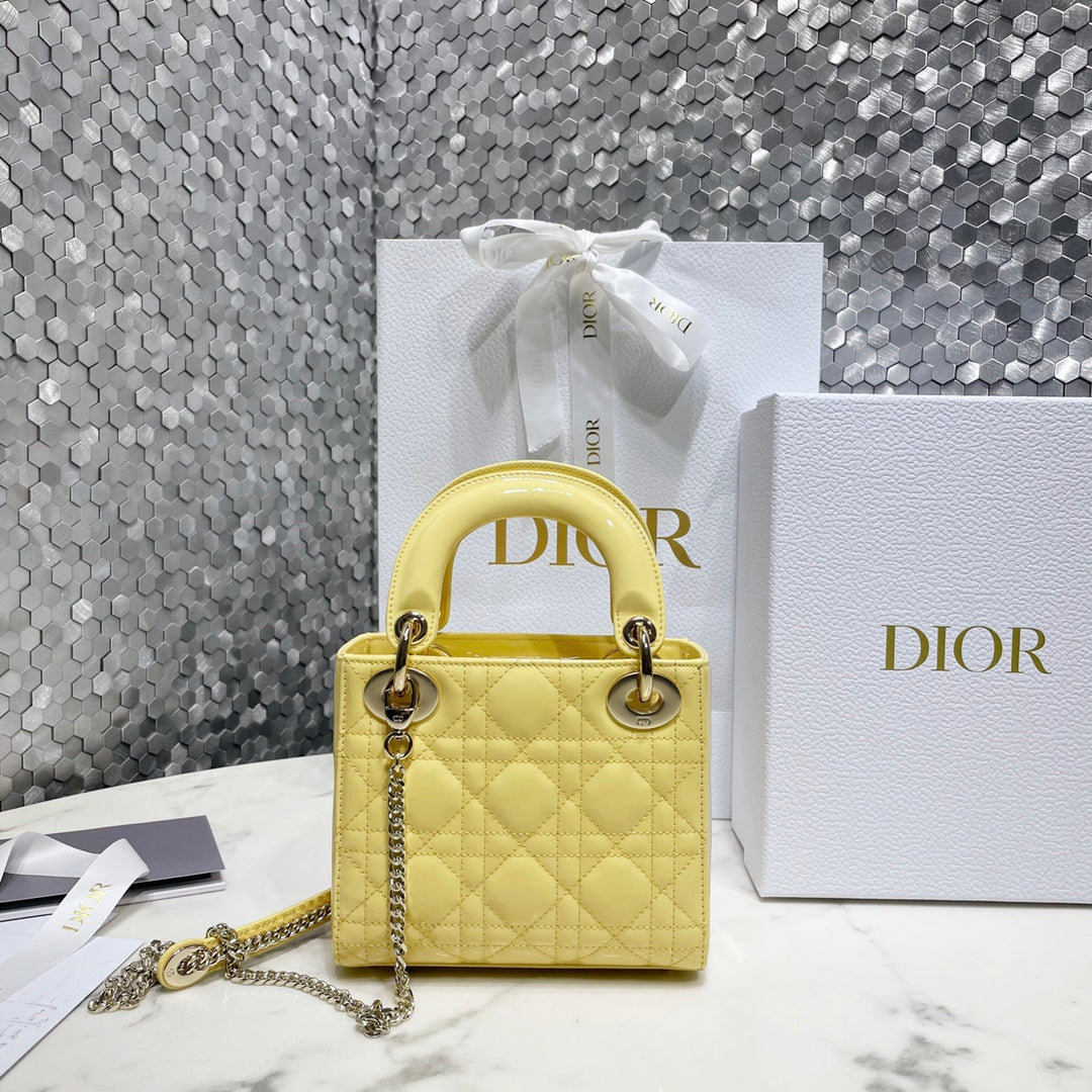 Dior Medium Lady D in Patent Cannage Calfskin Yellow