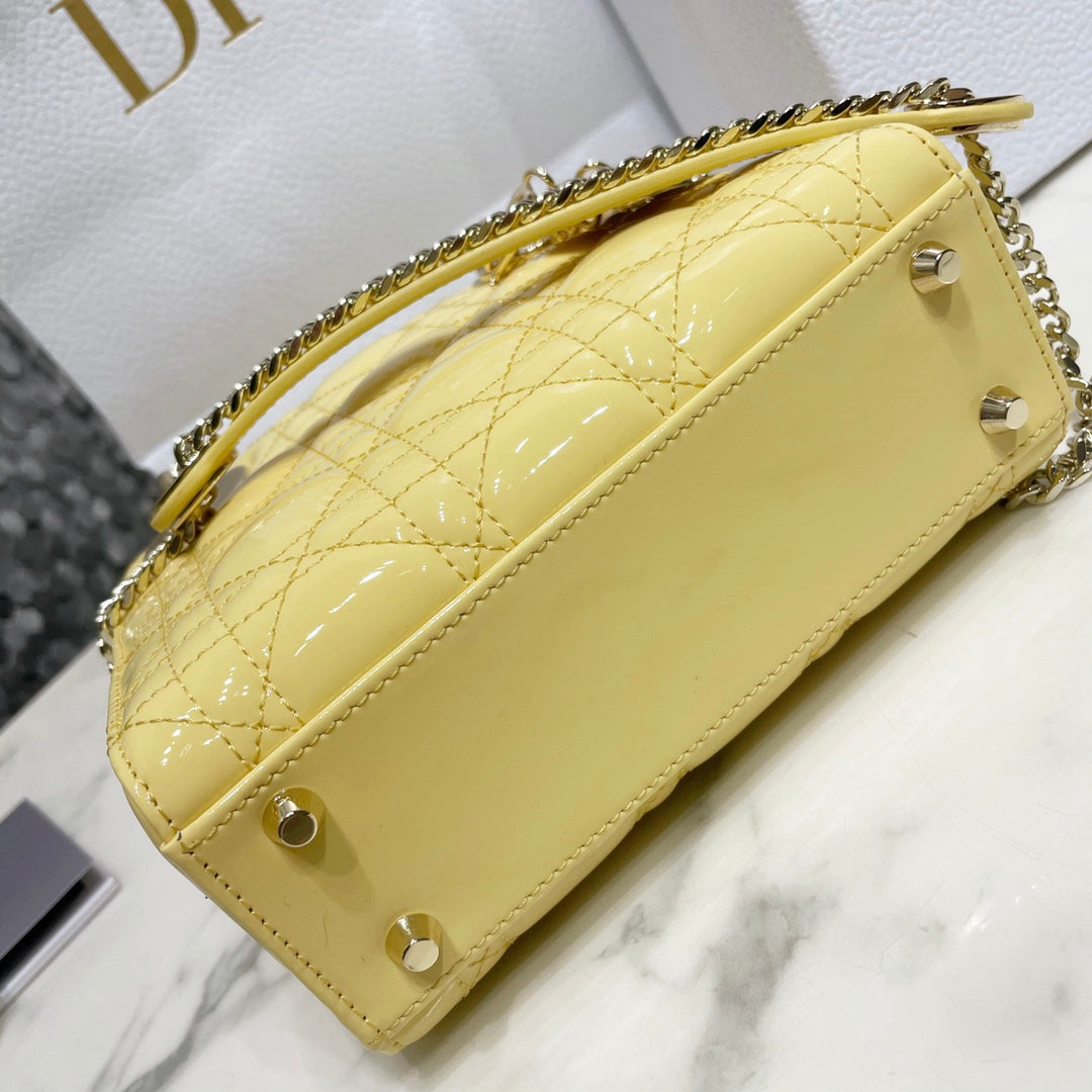 Dior Medium Lady D in Patent Cannage Calfskin Yellow