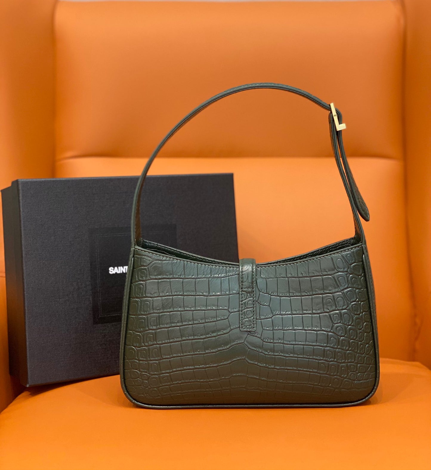 YSL Le 5 à 7 Hobo Shoulder Bag in Crocdile-embossed Leather Green
