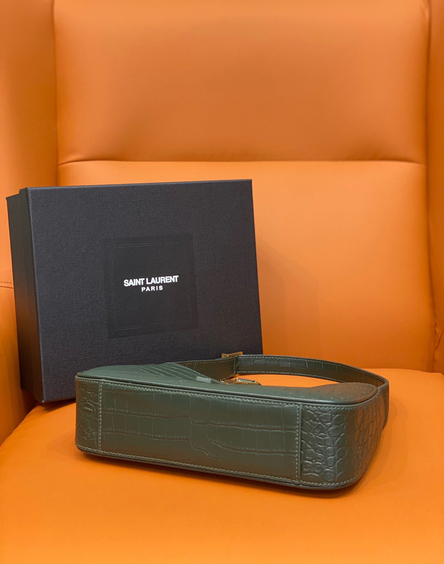 YSL Le 5 à 7 Hobo Shoulder Bag in Crocdile-embossed Leather Green