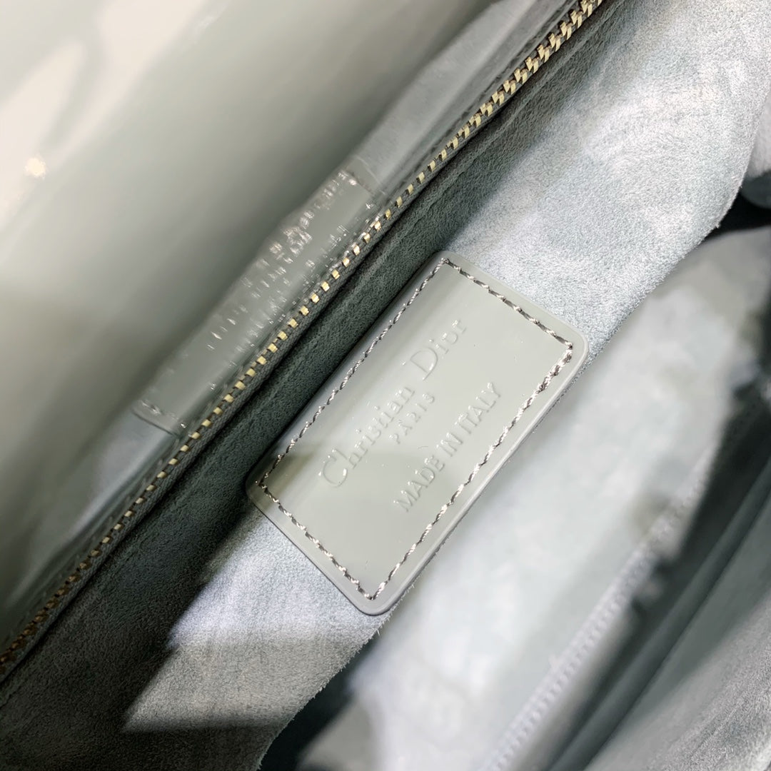 Dior Medium Lady D in Patent Cannage Calfskin Pearl