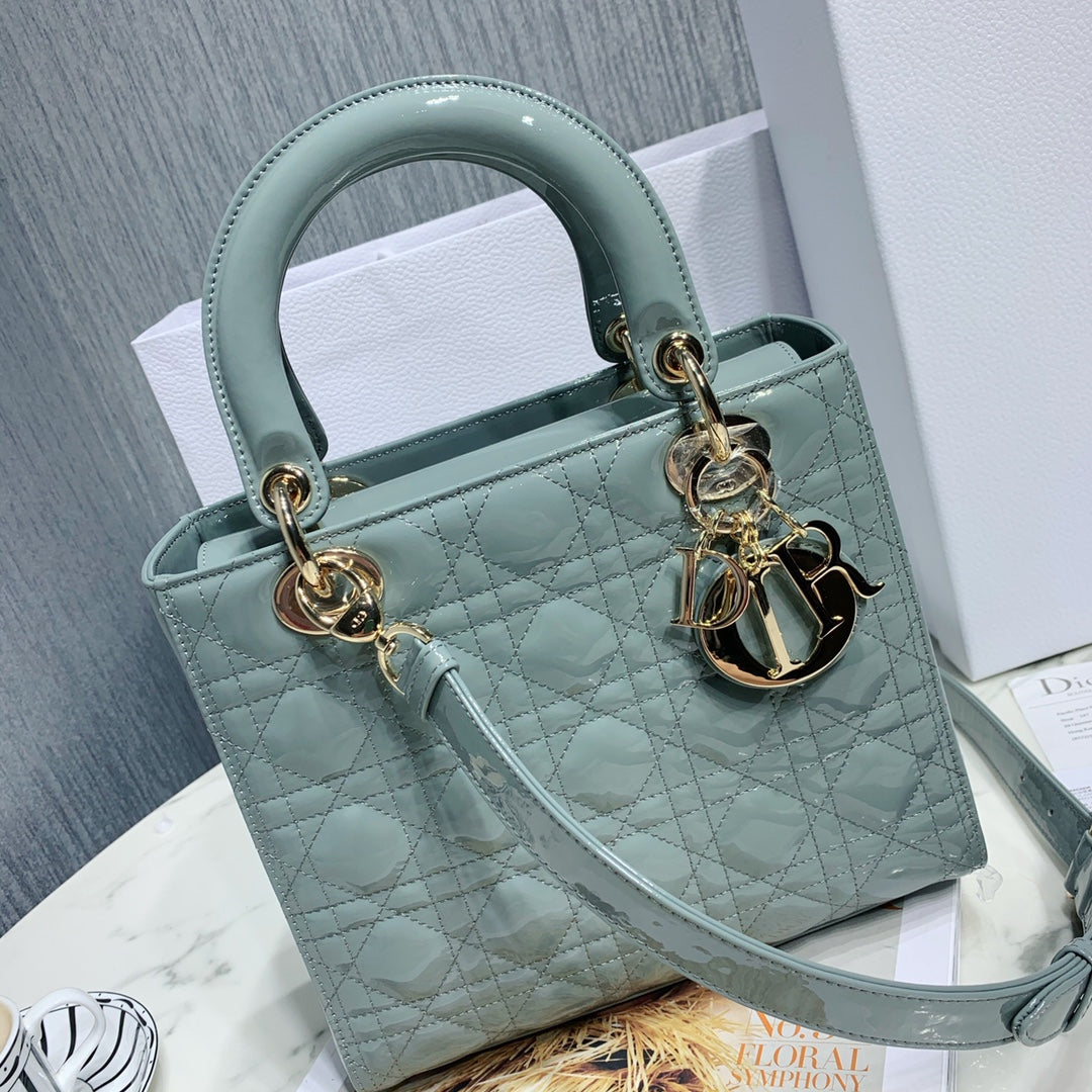 Dior Medium Lady D in Patent Cannage Calfskin Pearl