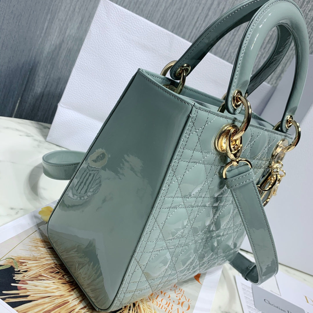 Dior Medium Lady D in Patent Cannage Calfskin Pearl