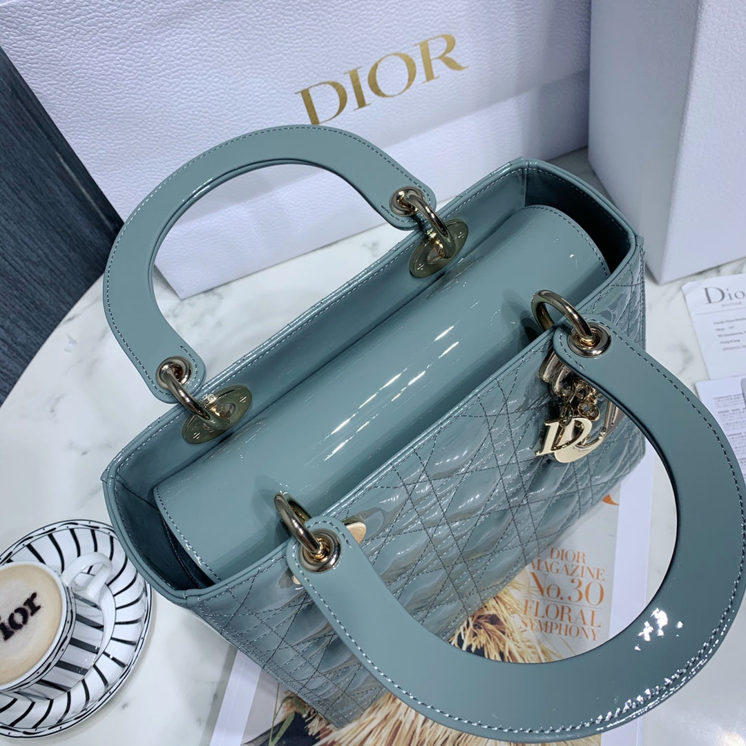 Dior Medium Lady D in Patent Cannage Calfskin Pearl