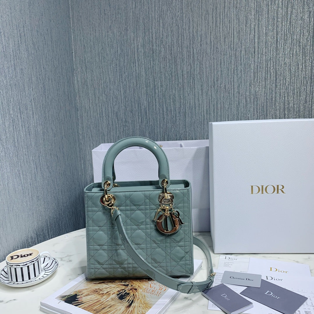 Dior Medium Lady D in Patent Cannage Calfskin Pearl