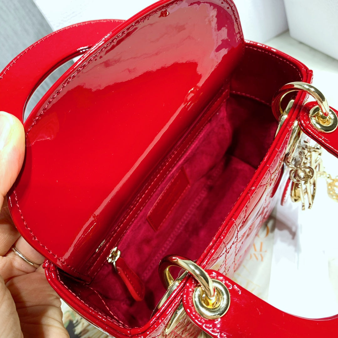 Dior mini Lady D in Red Patent Cannage Calfskin