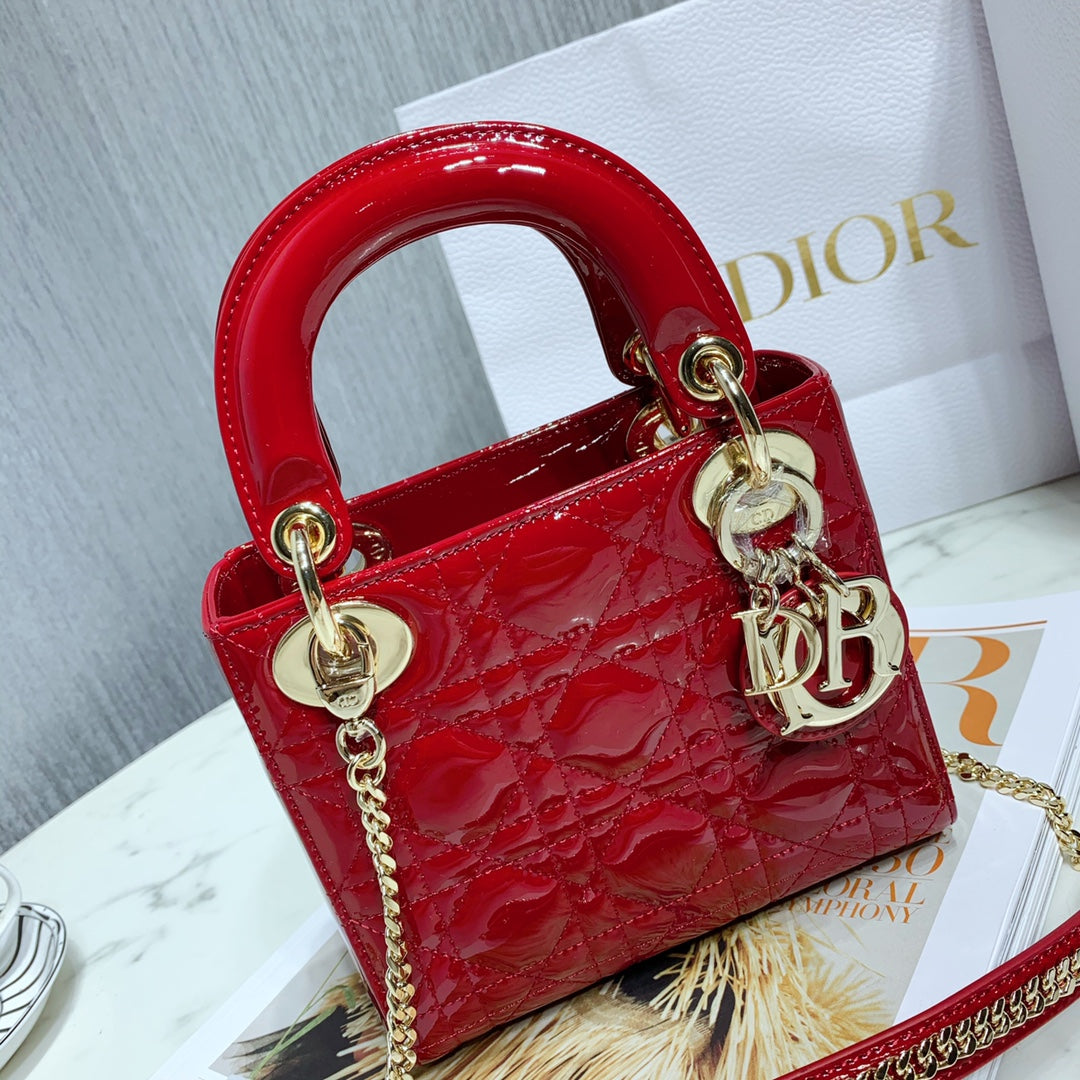 Dior mini Lady D in Red Patent Cannage Calfskin