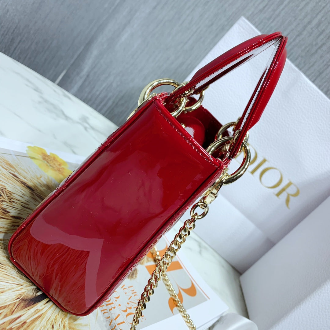 Dior mini Lady D in Red Patent Cannage Calfskin