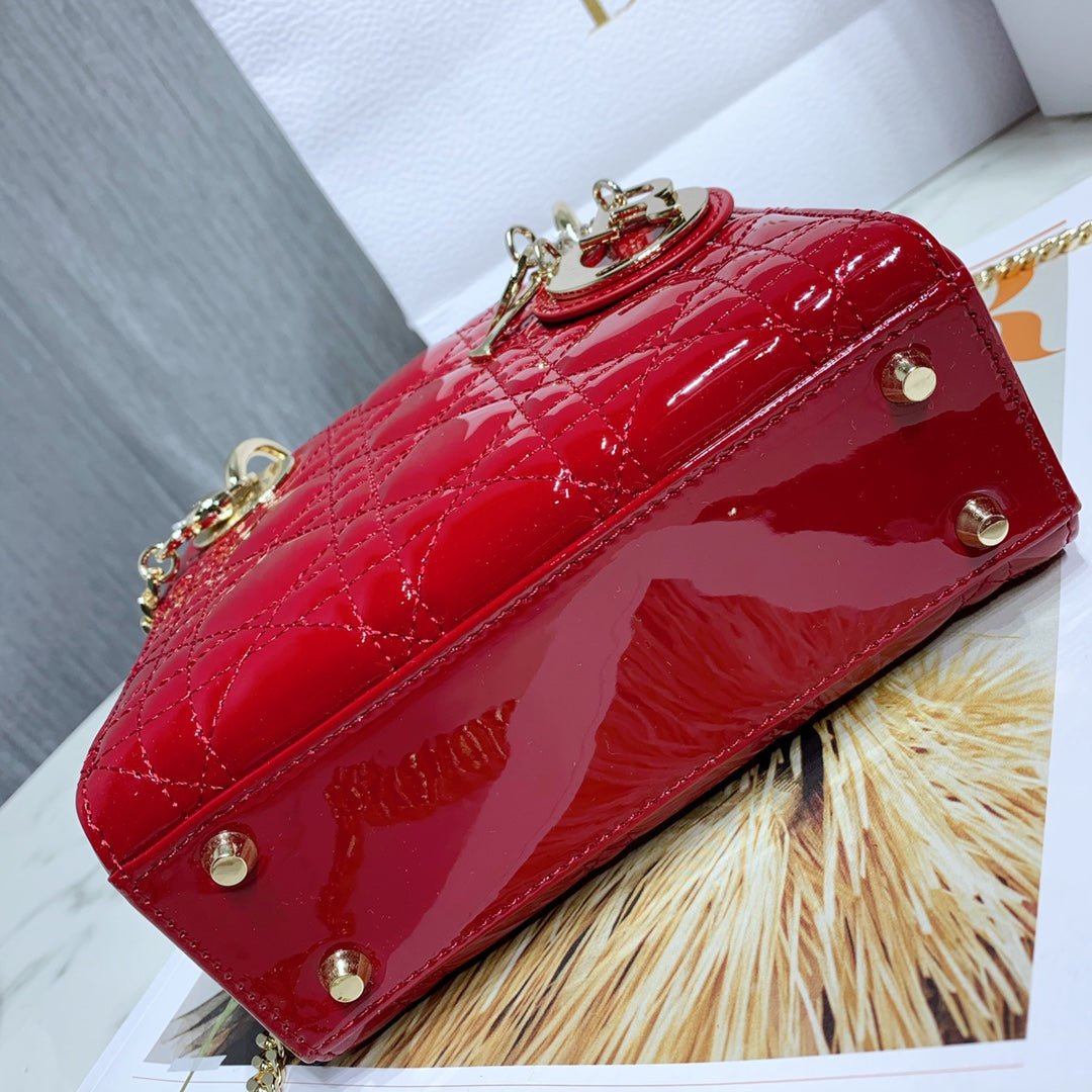 Dior mini Lady D in Red Patent Cannage Calfskin