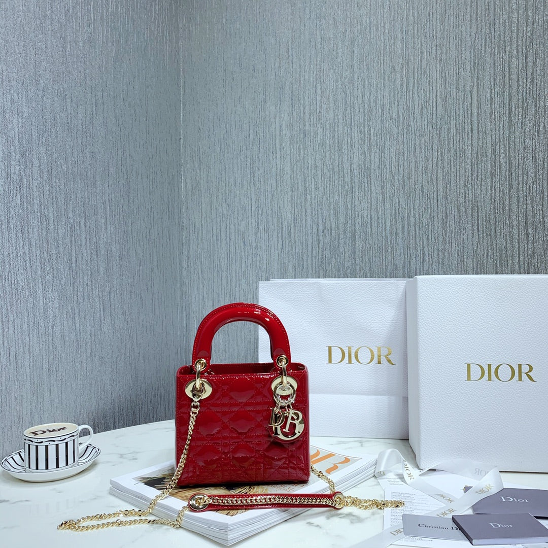 Dior mini Lady D in Red Patent Cannage Calfskin
