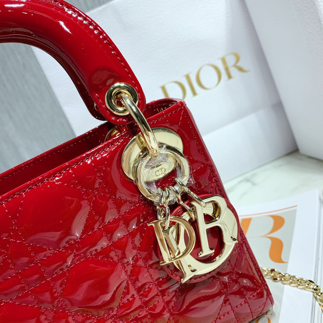 Dior mini Lady D in Red Patent Cannage Calfskin