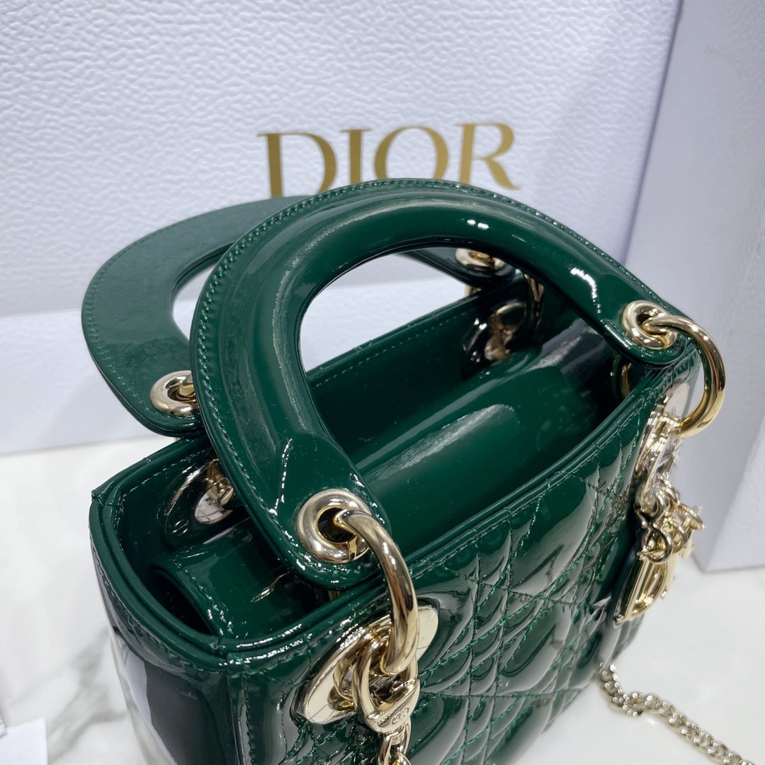Dior Medium Lady D in Patent Cannage Calfskin Dark Green