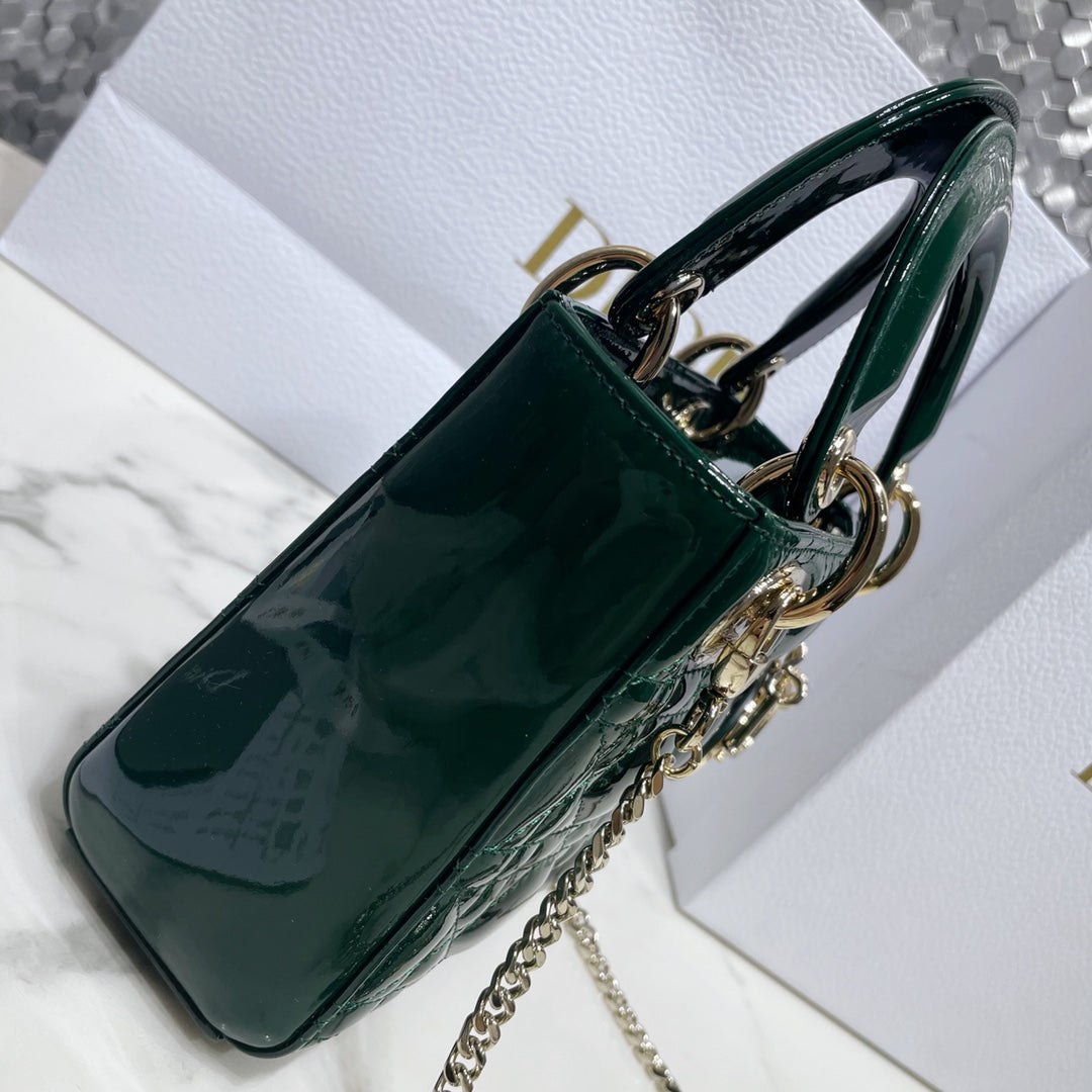 Dior Medium Lady D in Patent Cannage Calfskin Dark Green