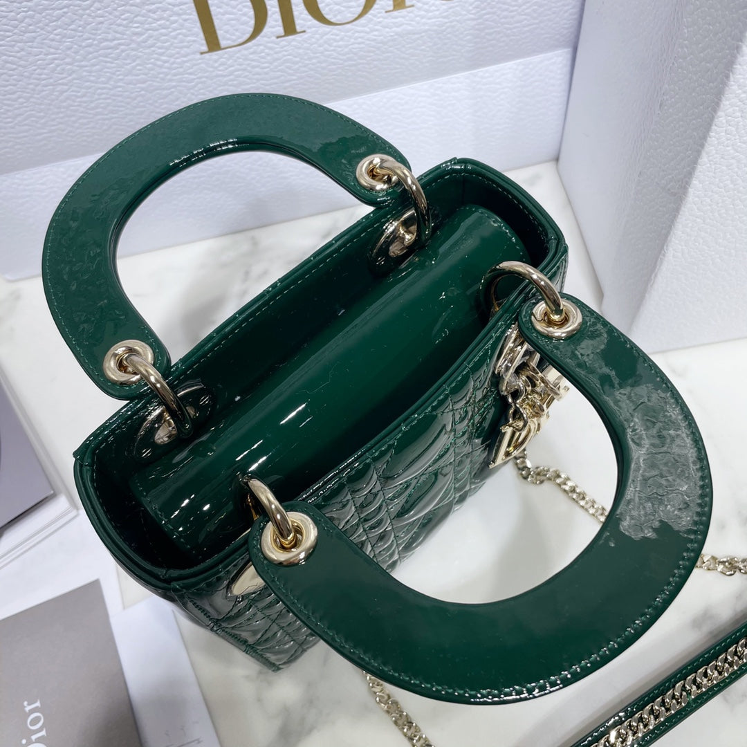 Dior Medium Lady D in Patent Cannage Calfskin Dark Green