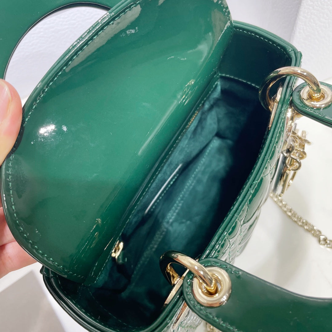 Dior Medium Lady D in Patent Cannage Calfskin Dark Green