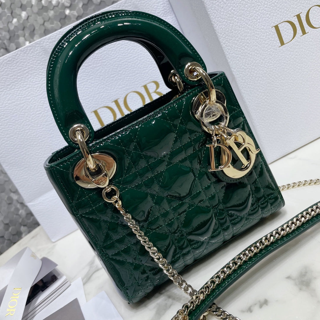 Dior Medium Lady D in Patent Cannage Calfskin Dark Green