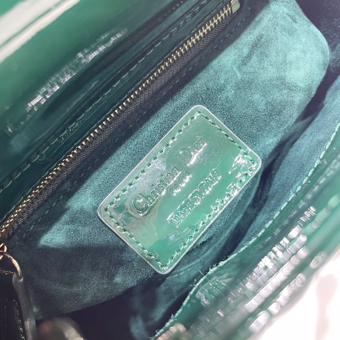Dior Medium Lady D in Patent Cannage Calfskin Dark Green