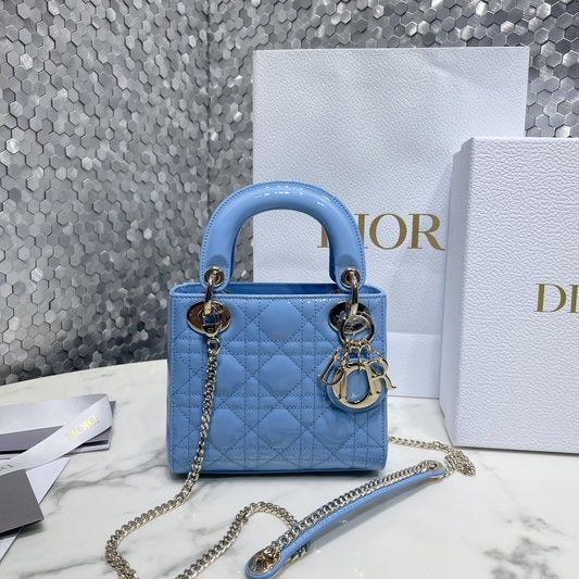 Dior Medium Lady D in Patent Cannage Calfskin Blue
