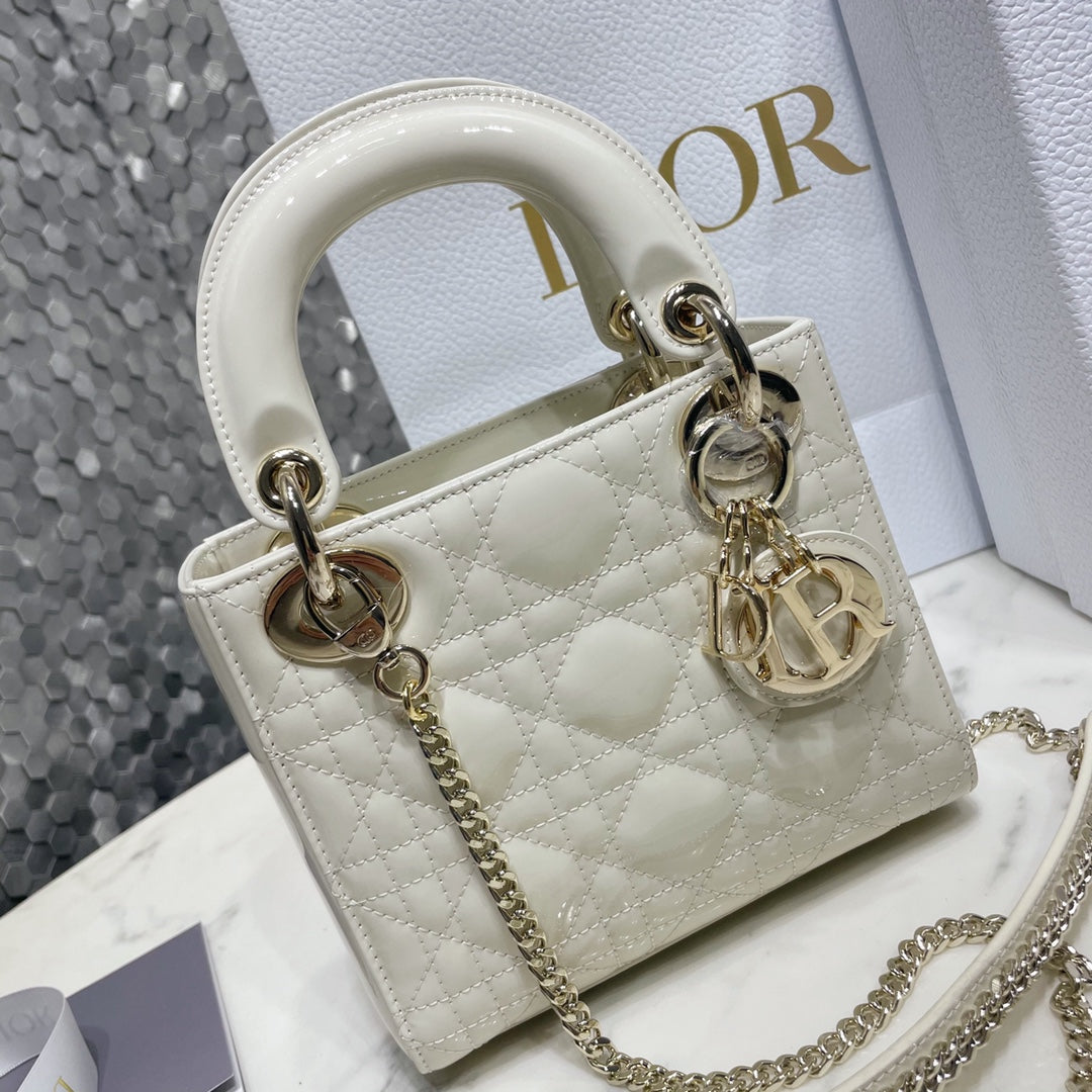 Dior Medium Lady D in Patent Cannage Calfskin White