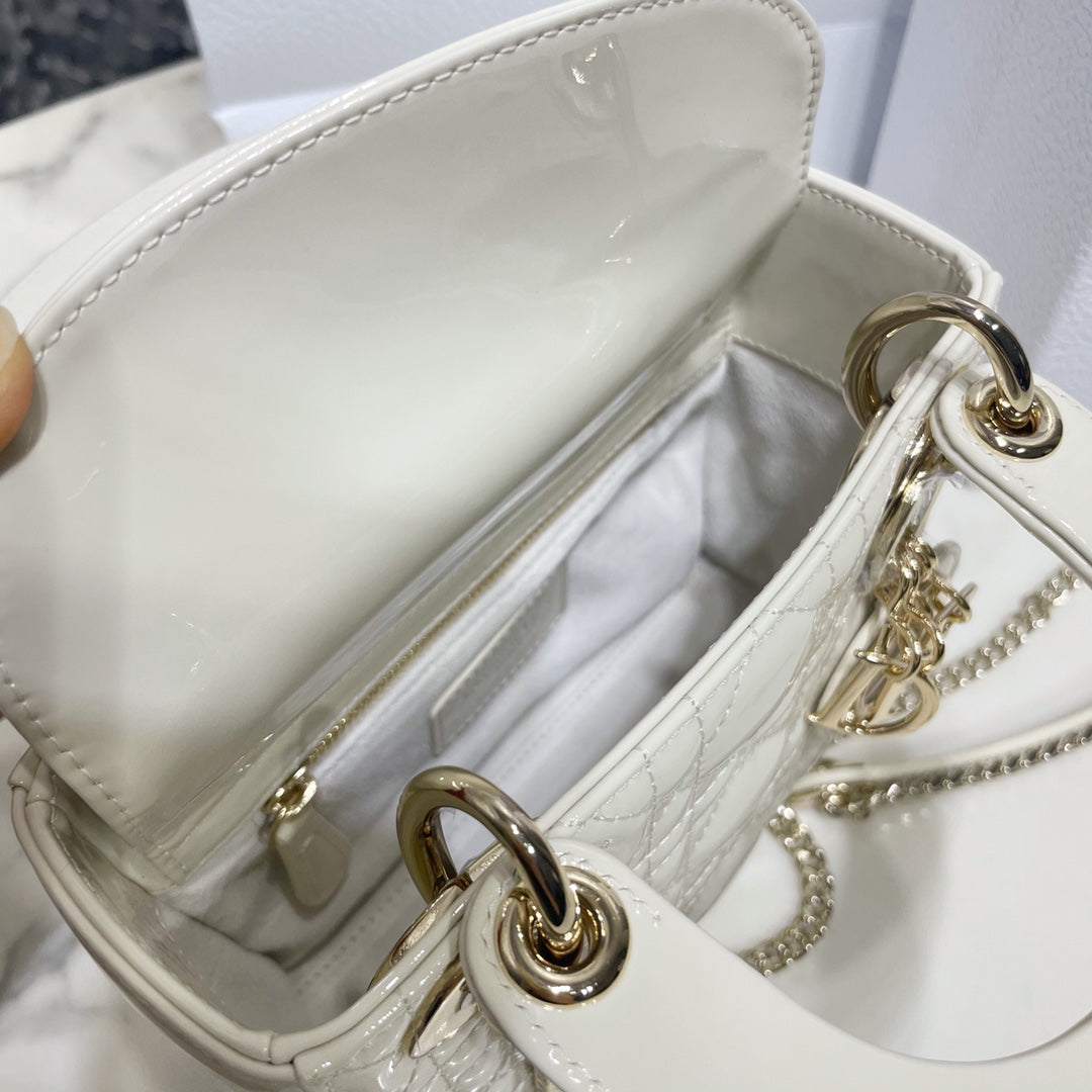 Dior Medium Lady D in Patent Cannage Calfskin White