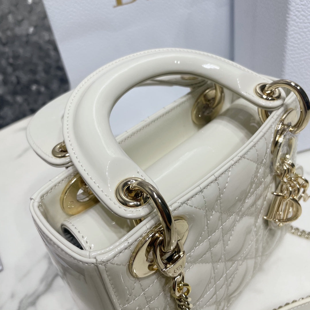 Dior Medium Lady D in Patent Cannage Calfskin White