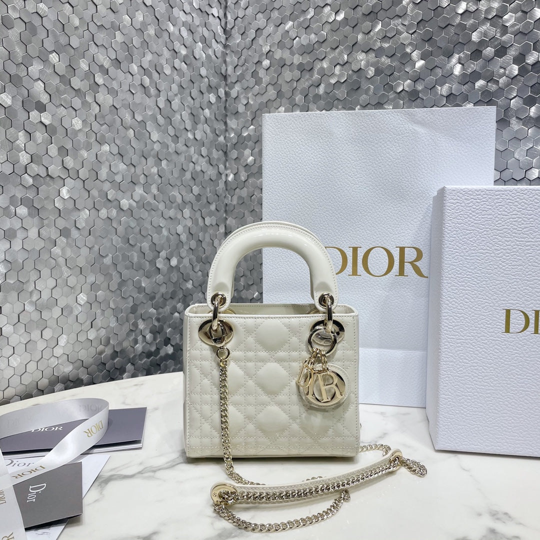 Dior Medium Lady D in Patent Cannage Calfskin White