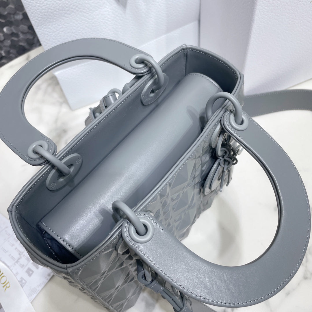 Dior Medium Lady D in Patent Cannage Calfskin Grey