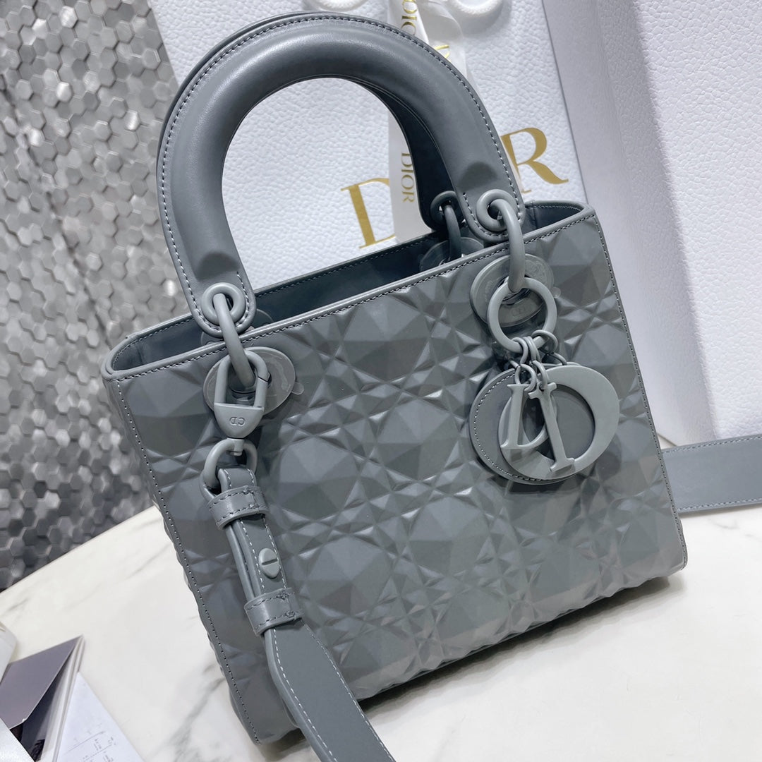 Dior Medium Lady D in Patent Cannage Calfskin Grey
