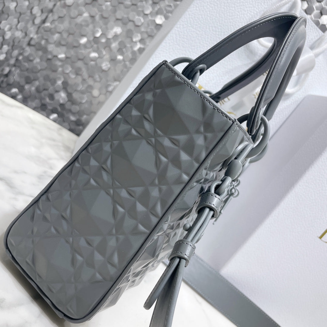 Dior Medium Lady D in Patent Cannage Calfskin Grey