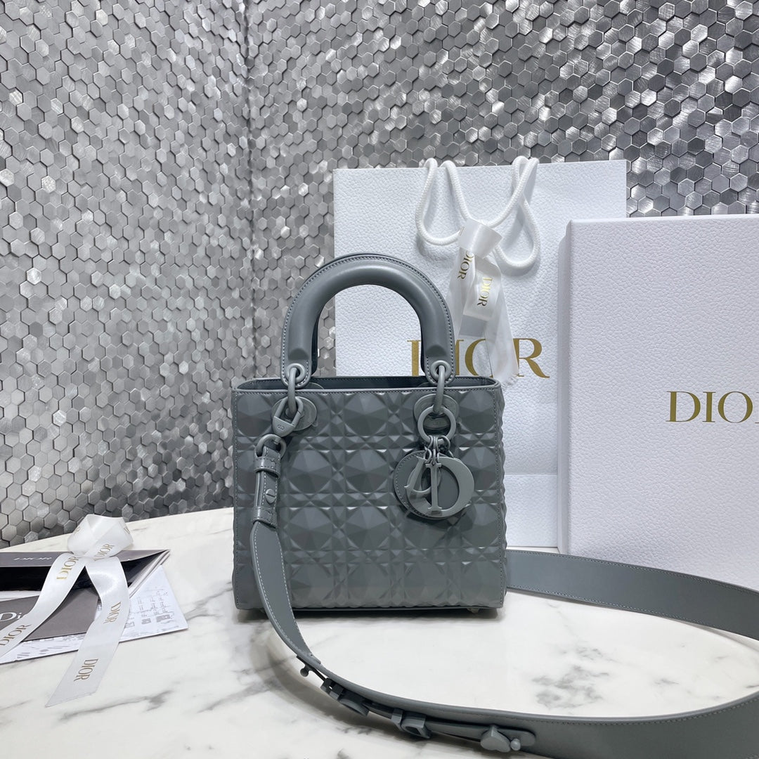Dior Medium Lady D in Patent Cannage Calfskin Grey
